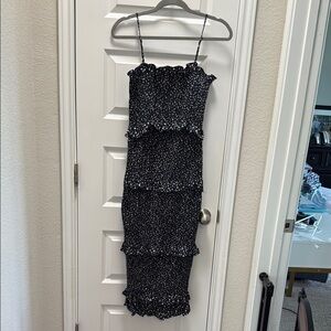 Women’s Navy Smocked Ruffled Midi Dress (Size Medium)